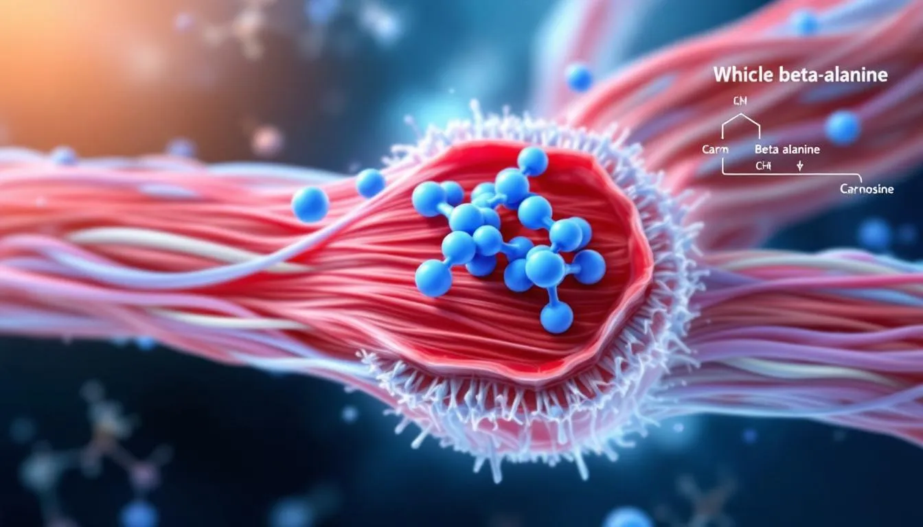 An informative image illustrating the benefits of beta alanine supplementation for enhancing muscle endurance and performance during intense workouts, emphasizing its role in muscle protein synthesis and recovery. The visual may also highlight various protein supplements, like whey protein and branched chain amino acids, essential for muscle growth and maintaining muscle mass.
