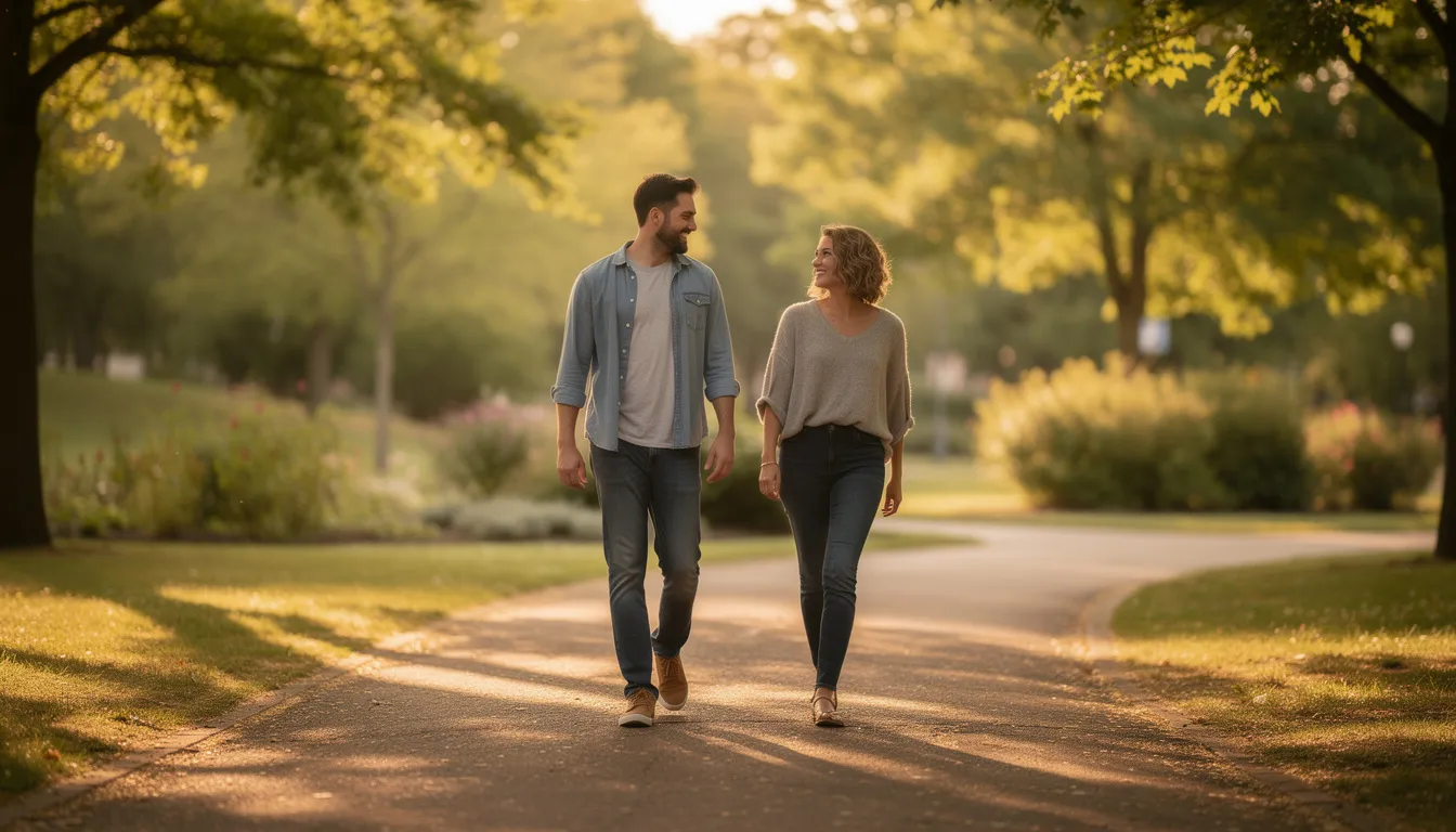 The image depicts two individuals walking side by side on a serene path, maintaining a comfortable distance that symbolizes a healthy relationship. This scene represents the importance of setting healthy boundaries and overcoming codependent behaviors for emotional well-being and personal growth.