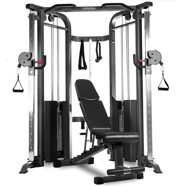 All-in-one home gym: showing XMARK Functional Trainer Cable Machine with twin 200 lb Weight Stacks and an Adjustable Weight Bench