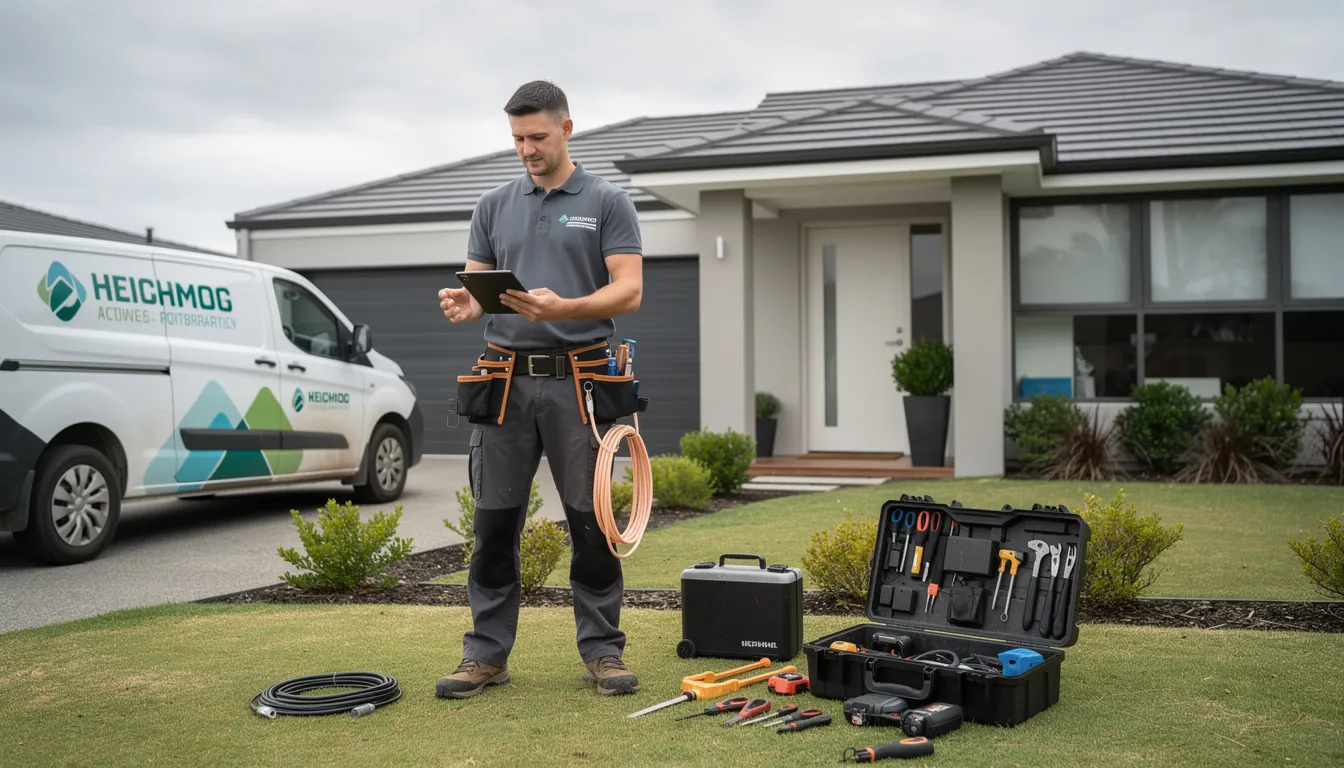 A professional DSTV installer is seen outside a residential property, equipped with tools and a satellite dish, ready to provide expert DSTV installation services. The installer is focused on ensuring the best reception and signal quality for the home's entertainment system.
