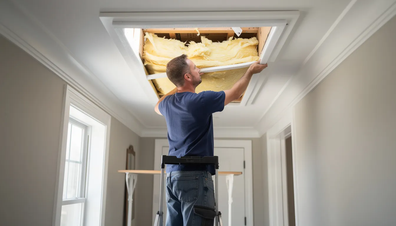 A person is installing weatherstripping around an attic access hatch, with visible insulation surrounding the area, highlighting an effort to improve the home's energy efficiency and reduce energy costs. This upgrade helps prevent heat loss and can lead to lower energy bills by sealing air leaks effectively.