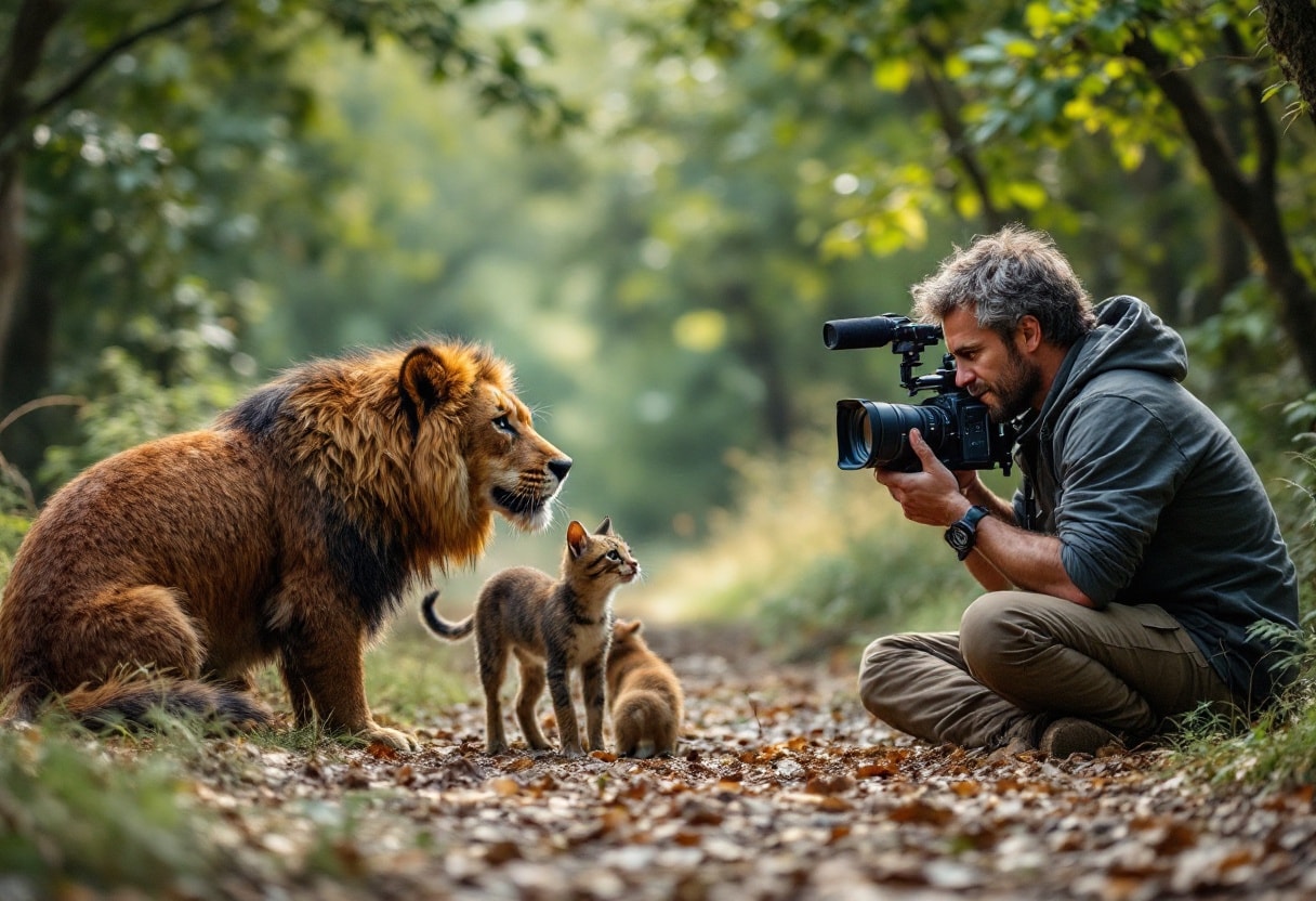 A director filming a movie with animals.