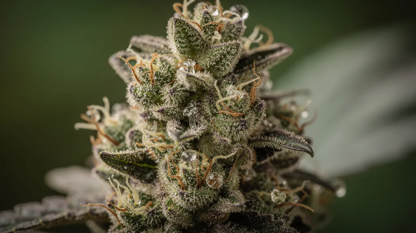 Die Macro-Aufnahme zeigt eine Cannabisblüte mit klar sichtbaren Trichomen, die die feinen Härchen und Kristalle der Pflanze darstellen. Diese Details sind entscheidend für die Qualität der Cannabisblüten und helfen dabei, Schimmelbildung auf Cannabis zu erkennen, was besonders wichtig für den Anbau und die Lagerung ist.