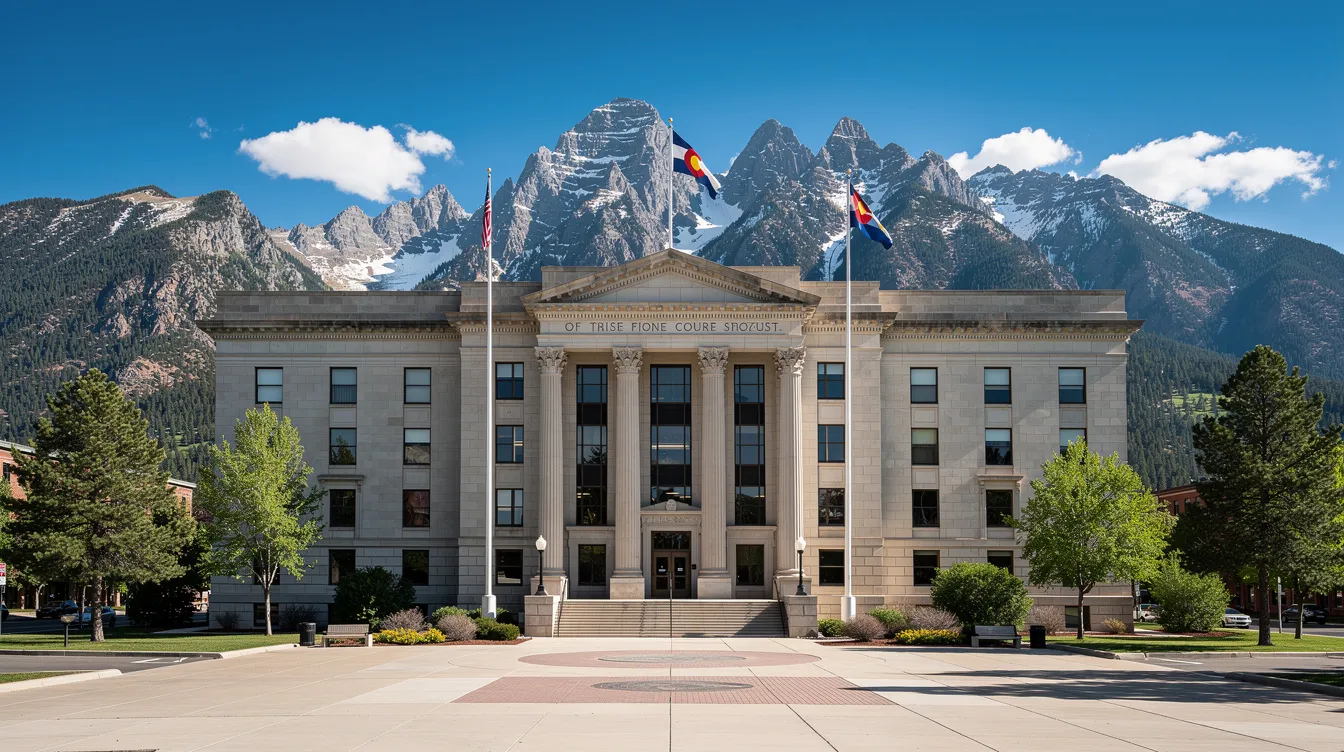 The image features a courthouse building set against the stunning backdrop of Colorado's majestic mountains. This scene symbolizes the legal processes involved in personal injury claims, where individuals seek justice and compensation for injuries sustained in accidents, such as car accidents or slip and fall incidents, under Colorado's statute of limitations.
