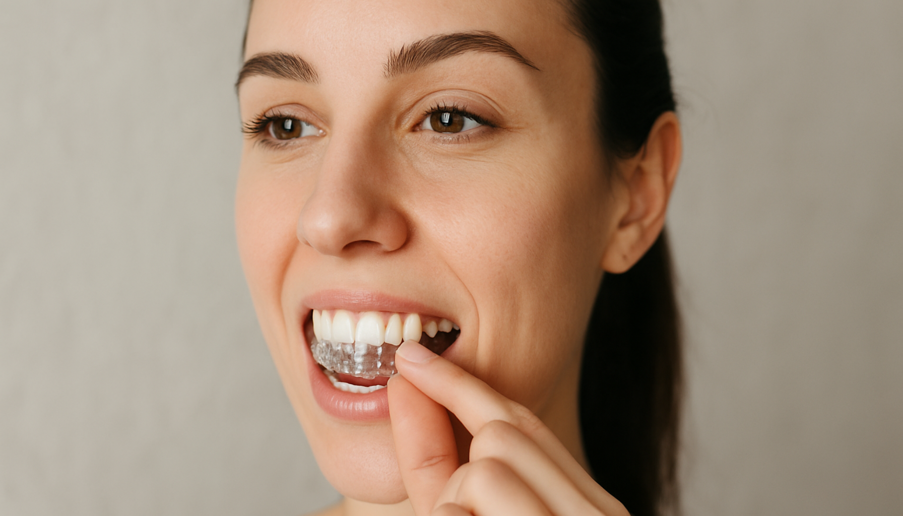 Kvinne setter inn en gjennomsiktig regulering på tennene sine, med naturlig lys og nøytral bakgrunn i bakgrunnen.