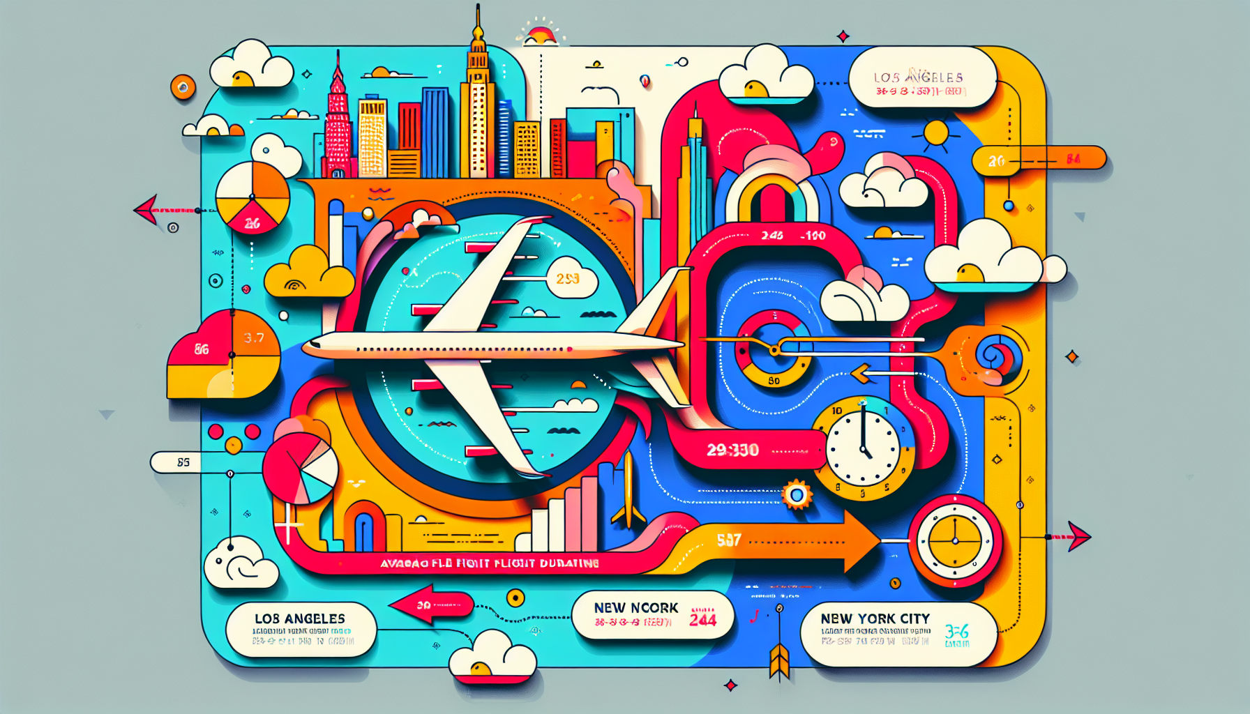 An illustration depicting the flight duration from Los Angeles to NYC, highlighting the average flight time.