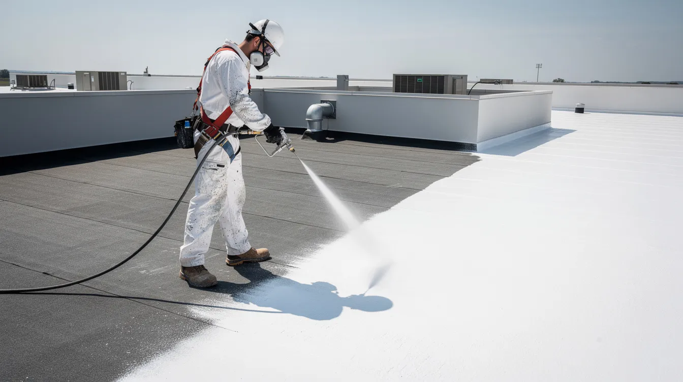 A technician is applying a white silicone roof coating to the entire surface of a flat commercial roof using spray equipment. This process enhances the roofing system's reflective properties and prolongs the roof life by protecting it from environmental elements and water intrusion.