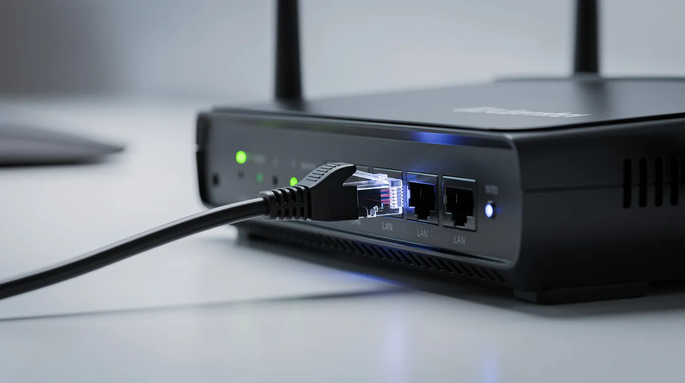 An ethernet cable is being plugged into the back of a modern wireless router, which features glowing indicator lights that show a stable internet connection. This setup is essential for reliable streaming of IPTV services, allowing users to watch live TV and on-demand content seamlessly.