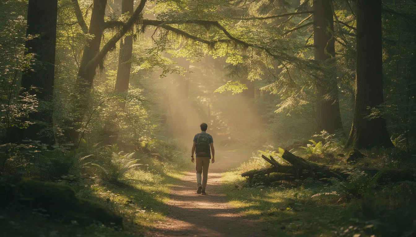 A person is walking along a nature trail through a lush forest, with sunlight filtering through the trees, creating a serene atmosphere that encourages physical activity and a healthy lifestyle. This scene embodies the essence of a weight loss journey, promoting the benefits of regular exercise and healthy habits in a natural setting.