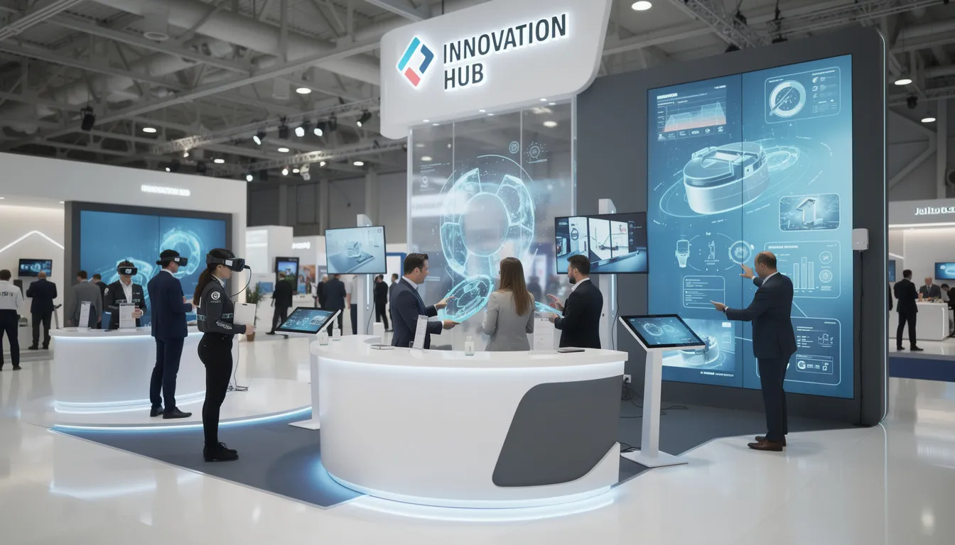 The image depicts an interactive exhibition stand featuring cutting-edge technology, designed to attract potential clients at a crowded exhibition hall. This visually appealing booth showcases custom displays and interactive elements, emphasizing the brand's identity and goals while reflecting the expertise of professional exhibition stand contractors.