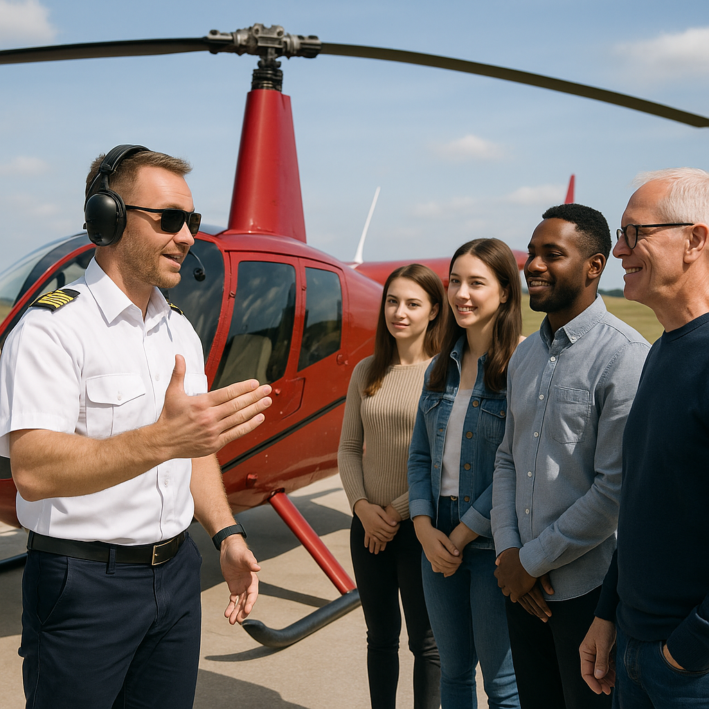 A helicopter pilot conducting a safety briefing before a tour, ensuring passengers understand safety measures.