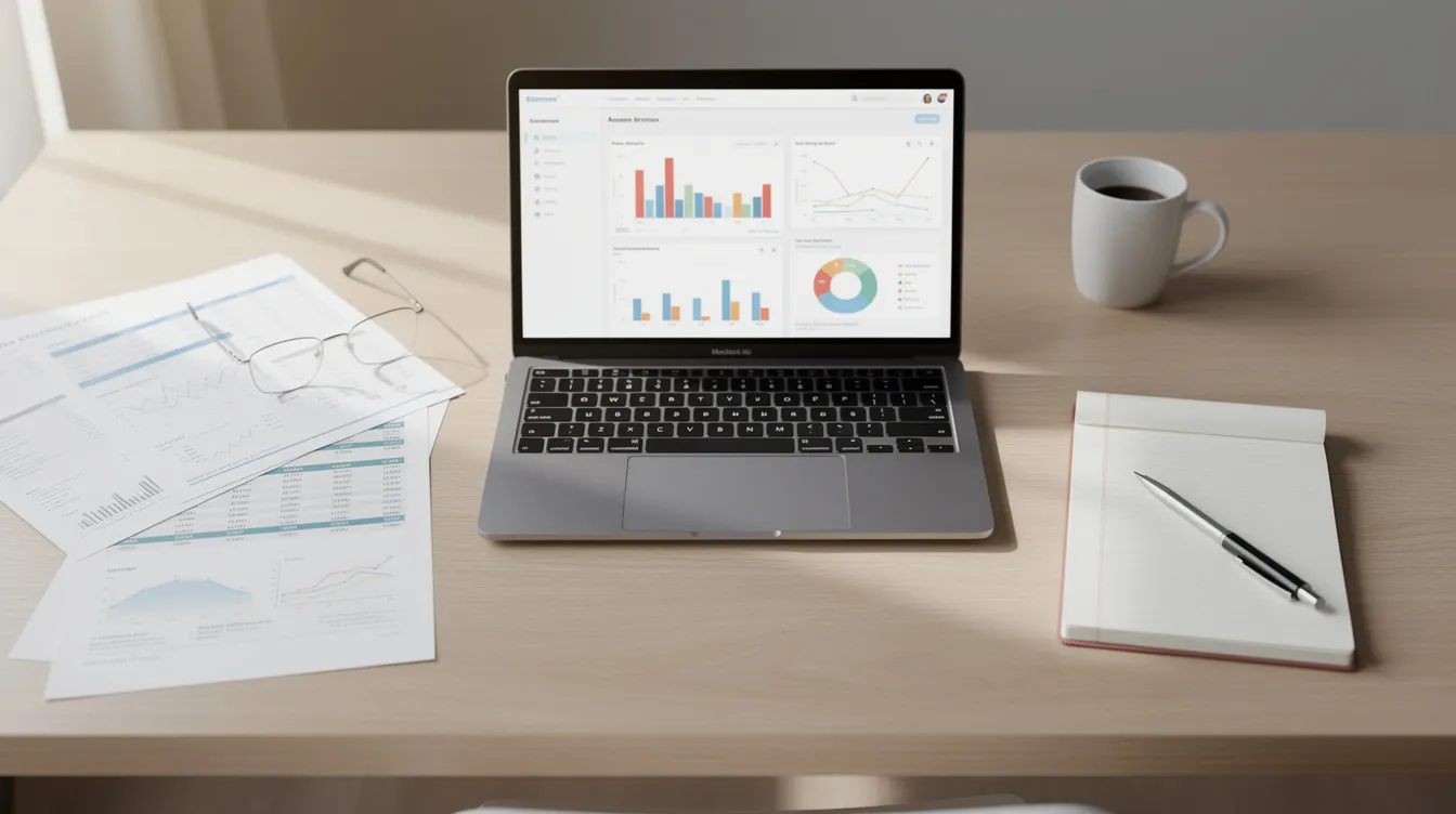 Een georganiseerde werkplek met een laptop, een notitieboek en financiële overzichten, ideaal voor ondernemers die hun bedrijf willen laten groeien. Deze setting biedt een overzichtelijke omgeving om concrete acties te plannen en slimme keuzes te maken voor duurzame groei in 2026.