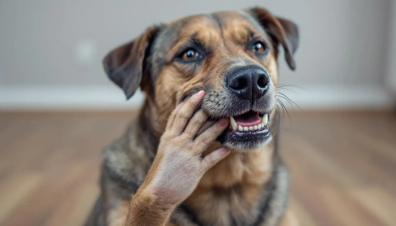 A dog is seen pawing at its mouth, indicating signs of dental discomfort, possibly due to periodontal disease. This behavior may suggest issues such as gum disease or loose teeth, emphasizing the importance of regular dental cleanings for maintaining the dog