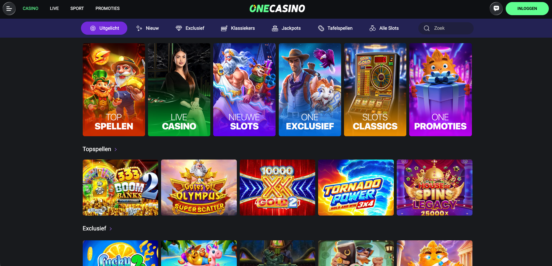 Overzicht van de OneCasino casinopagina met categorieën zoals Top spellen, Live Casino, Nieuwe slots, Exclusief, Slots Classics en Promoties, gevolgd door populaire slotgames zoals 333 Boom Banks 2, Gates of Olympus Super Scatter, 10000X Gold 2, Tornado Power en House of Spins Legacy.