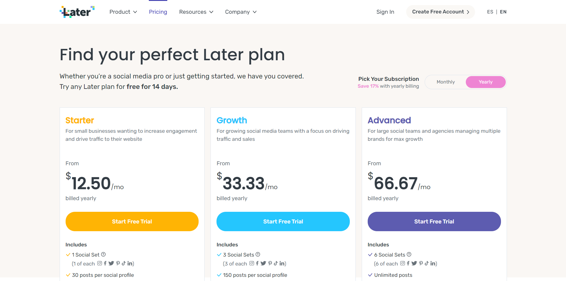Later pricing page