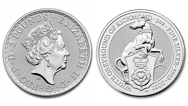 Image: Front and back view of a Queen's Beasts 2002 White Greyhound of Richmond Silver Bullion coin