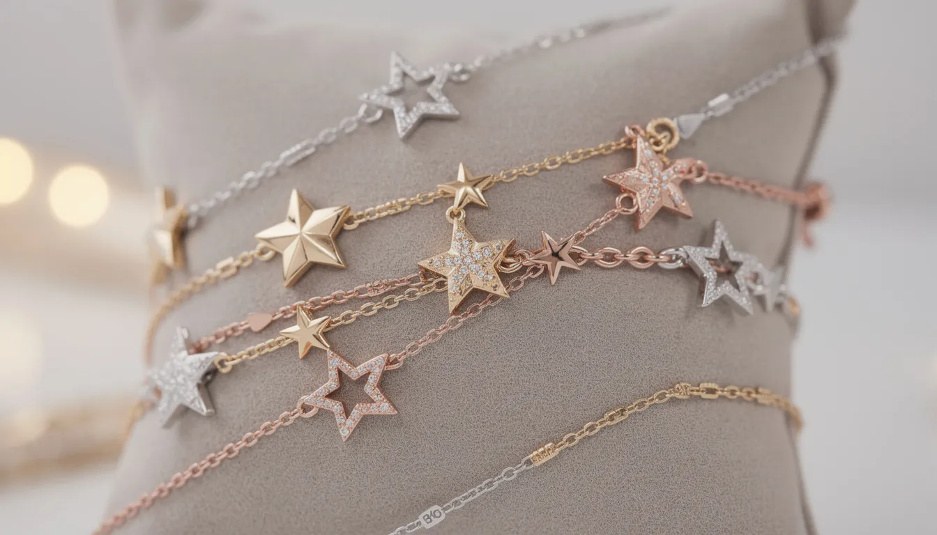 The image showcases a collection of luxurious star bracelets made from sterling silver and gold plated materials, featuring intricate designs adorned with cubic zirconia and rose gold accents. These elegant pieces are perfect for special occasions or as thoughtful gifts, and they come with options for free delivery and extended returns.