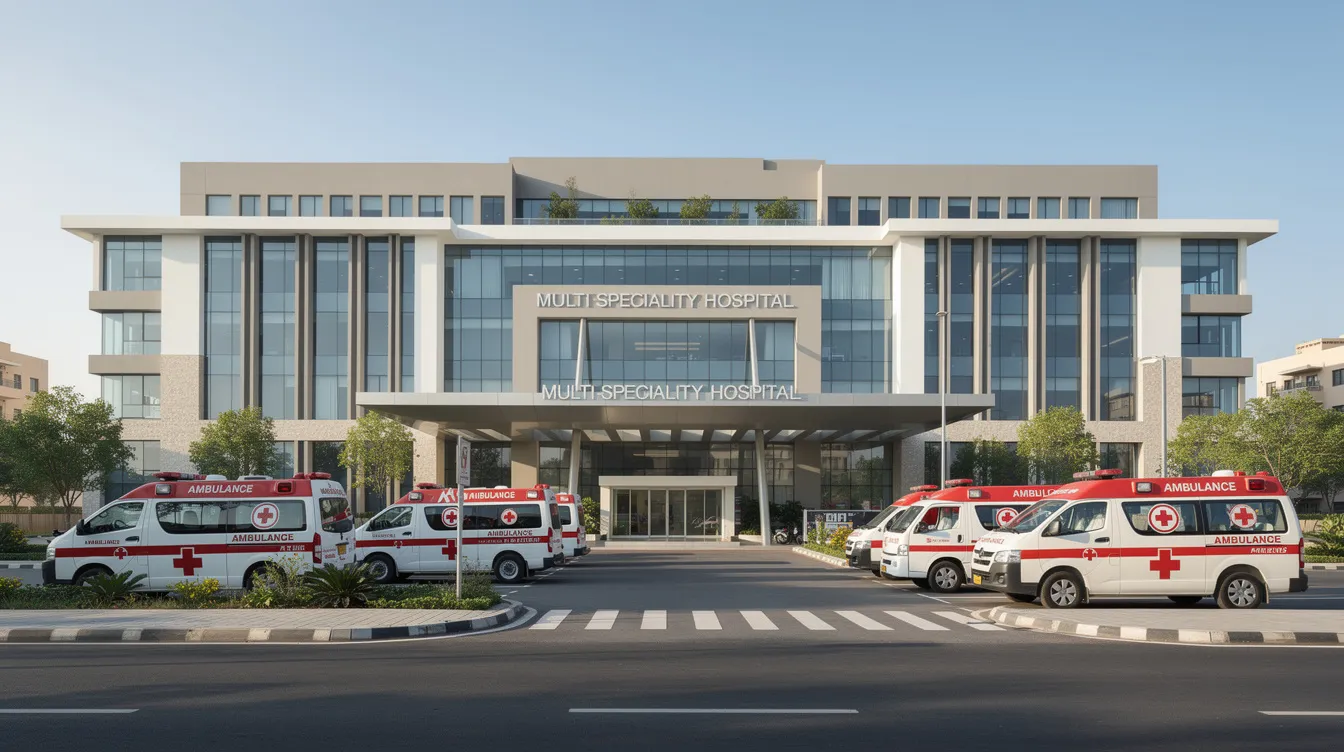 0118c2b9 ea01 4e81 a172 2fb6e371305d The image depicts the exterior of a modern multi-speciality hospital building, featuring ambulances parked outside under a clear blue sky. This facility is equipped to handle various medical procedures and healthcare costs, ensuring efficient service for patients.