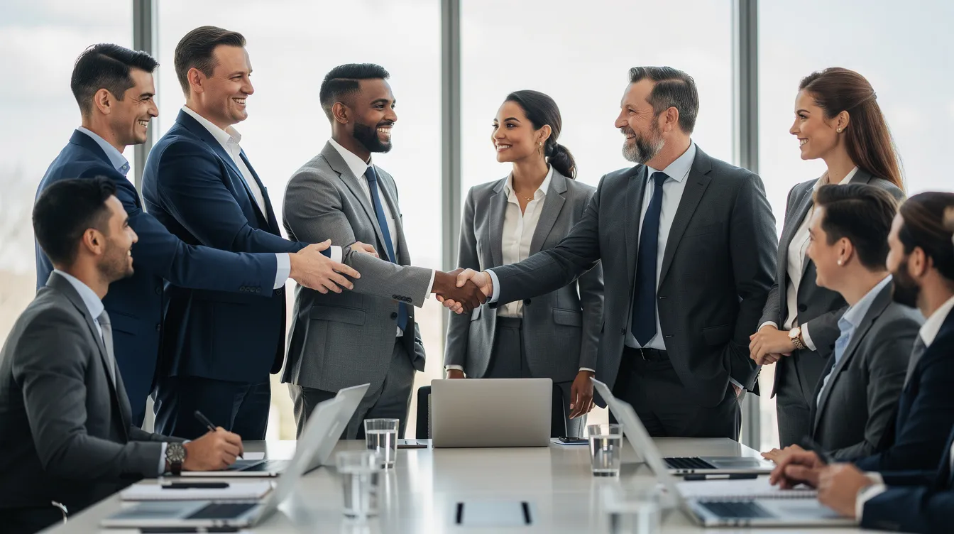 L'image montre des professionnels souriants se serrant la main après une réunion réussie, symbolisant la confiance et la collaboration au sein des équipes commerciales. Cette scène illustre l'importance du coaching commercial pour améliorer les performances et atteindre les objectifs de vente.