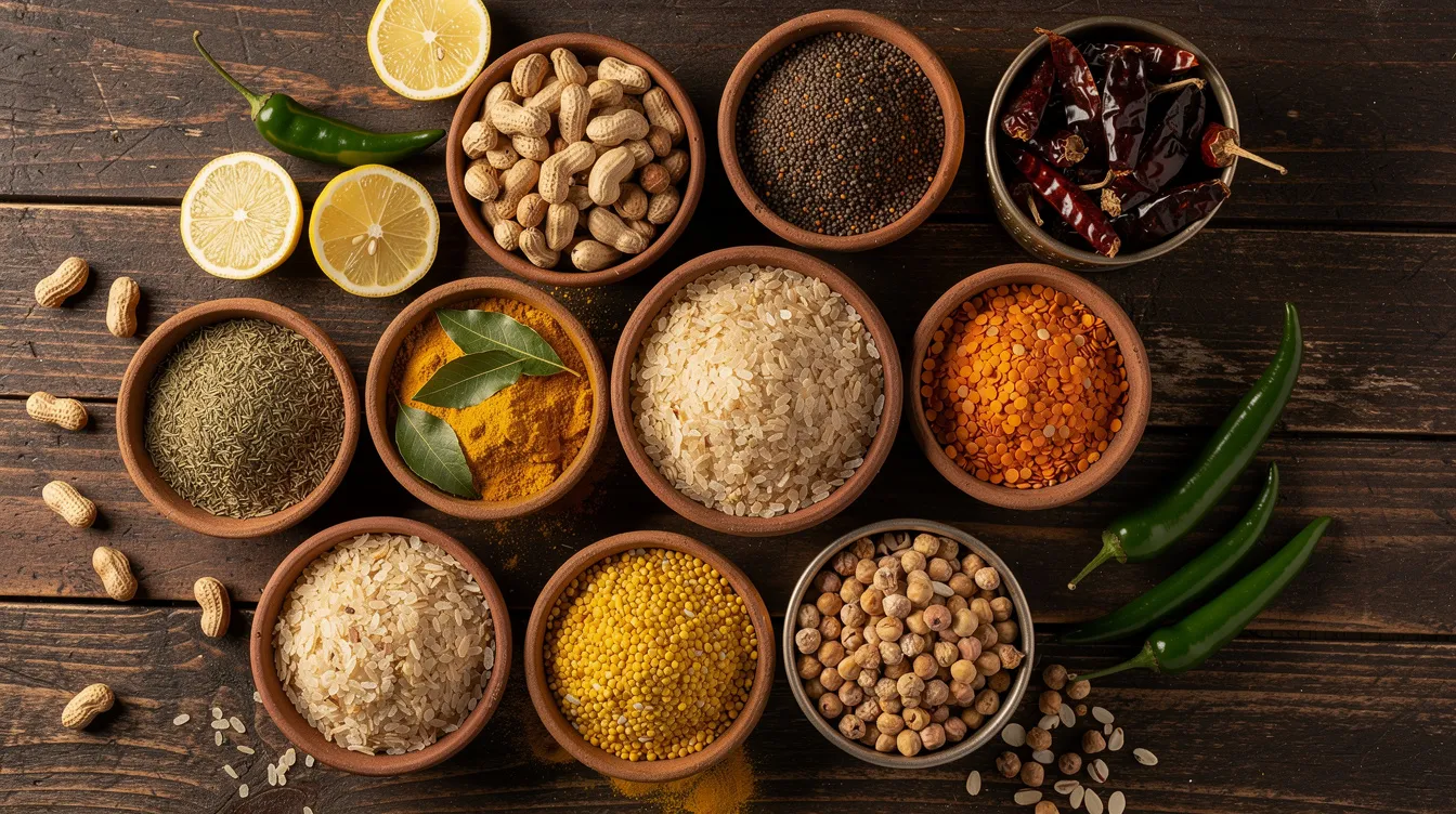 011b7344 bc89 49d7 8c5e bbd515af0250 An assortment of traditional Indian breakfast ingredients is displayed on a wooden surface, featuring rice flakes, a variety of spices, crunchy peanuts, and dried lentils, all of which are essential components for nutritious and flavorful morning meals. This collection represents the quality ingredients used in preparing ready-to-eat mixes that are popular in Indian cuisine.