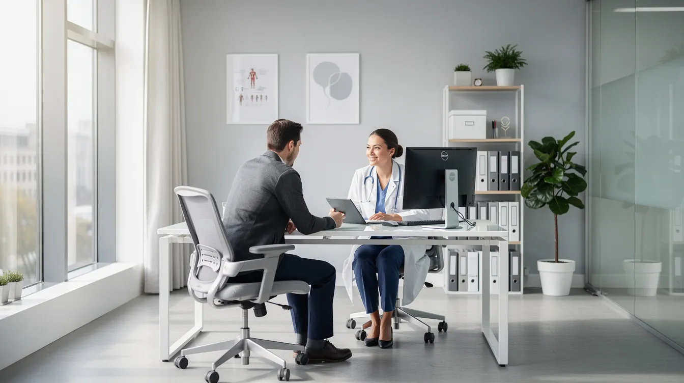 The image depicts a doctor and a patient engaged in a medical consultation in a modern clinic office filled with natural light. The discussion likely revolves around cosmetic procedures such as the drainless tummy tuck, focusing on the patient's concerns about excess skin and fat in the abdominal area, as well as the healing process and overall recovery.