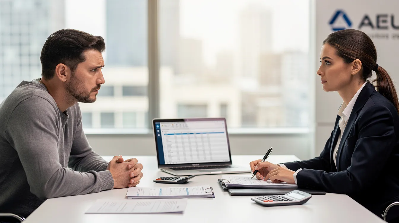 The image shows a small business owner sitting across from a bank officer at a desk, appearing concerned as they discuss customer complaints involving deficiency related to banking services. The setting conveys a sense of urgency and the importance of resolving issues under the banking ombudsman scheme.