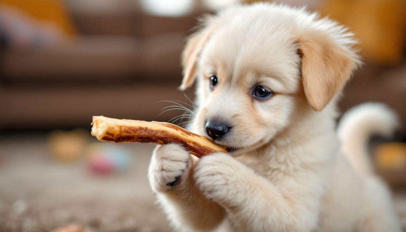 A puppy curiously inspecting a new bully stick treat.