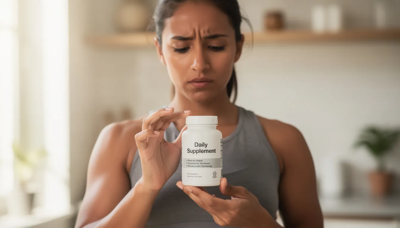 The image shows a person with a thoughtful expression, examining a tub of creatine monohydrate powder, likely considering its shelf life and proper storage to avoid consuming expired creatine. The setting suggests a focus on dietary supplements and their role in fitness and muscle growth.