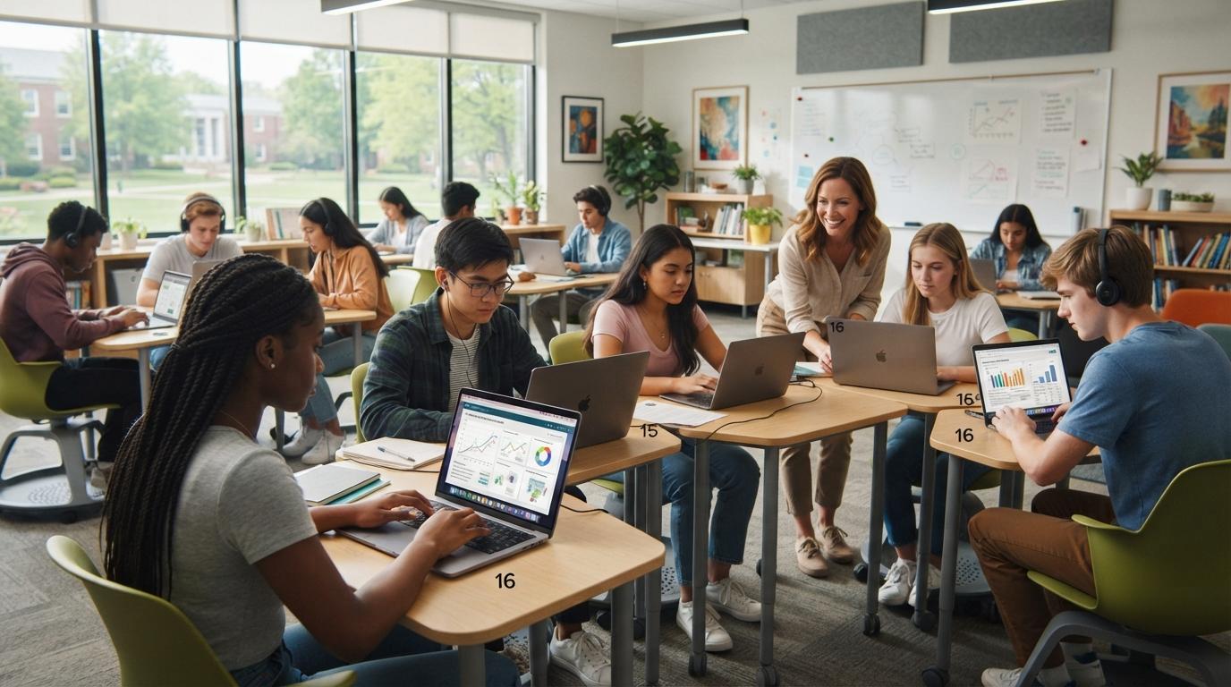 Photorealistic diverse students learning at their own pace on laptops in a modern classroom, each engaged with personalized AI-assisted instruction, teacher facilitating learning.