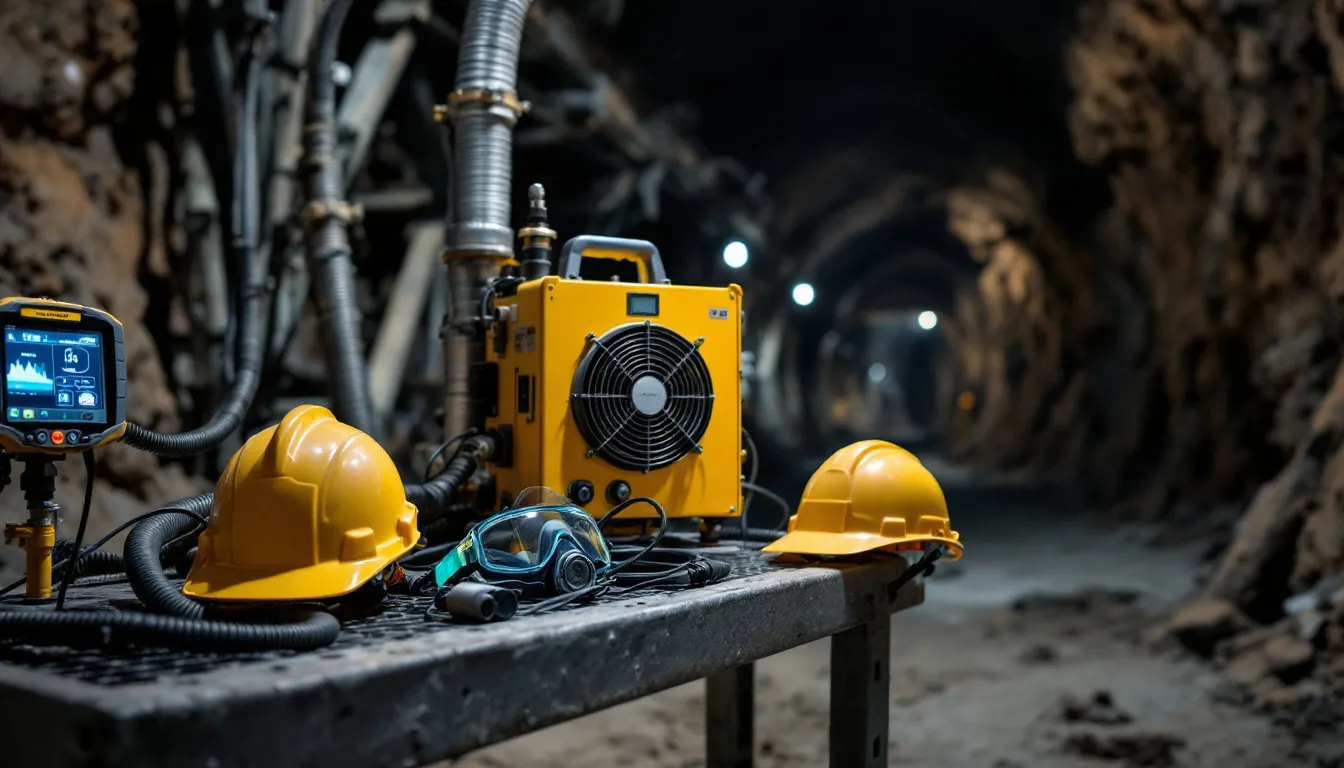 The image depicts various mining safety equipment used in coal mines, including advanced gas monitoring devices and ventilation systems designed to protect miners from hazardous gases like methane and carbon dioxide. These tools are essential for improving worker safety and ensuring a safe atmosphere in both active and underground mining operations.