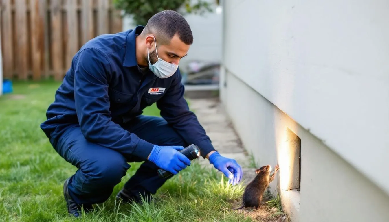 A professional pest control specialist is inspecting a property, closely examining areas for signs of rat activity such as droppings, rat holes, and potential food sources like pet food or trash bins. This inspection is essential for identifying and addressing any rat problems that may arise from factors like dog poop attracting rats.