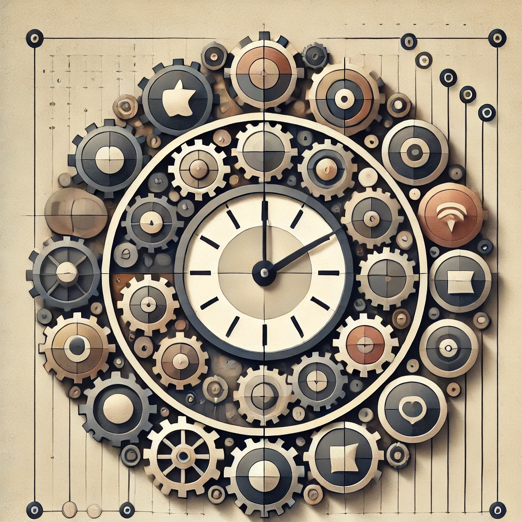 Illustration of a clock with apps around it