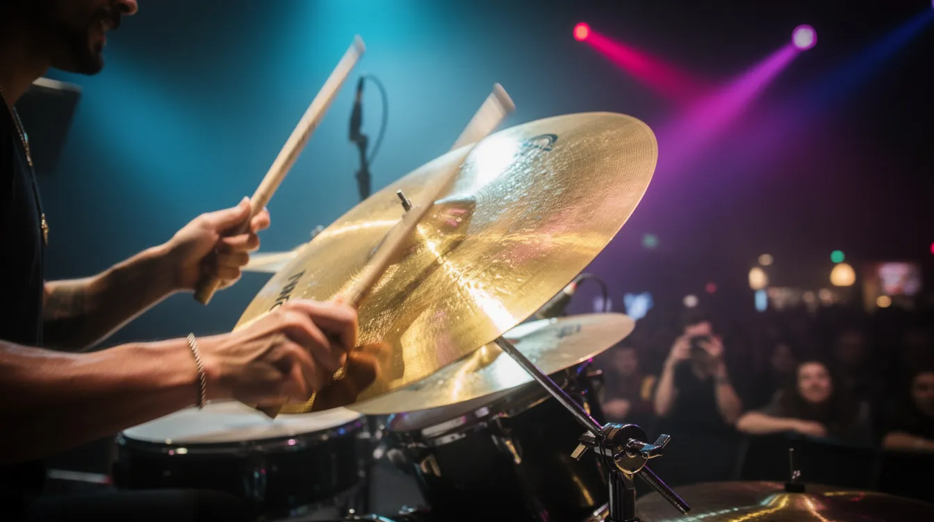 Un batteur en pleine performance frappe une cymbale crash dorée avec énergie, tandis qu'un éclairage scénique coloré illumine l'arrière-plan. La scène dégage une ambiance musicale dynamique, mettant en avant la percussion et l'intensité du concert.