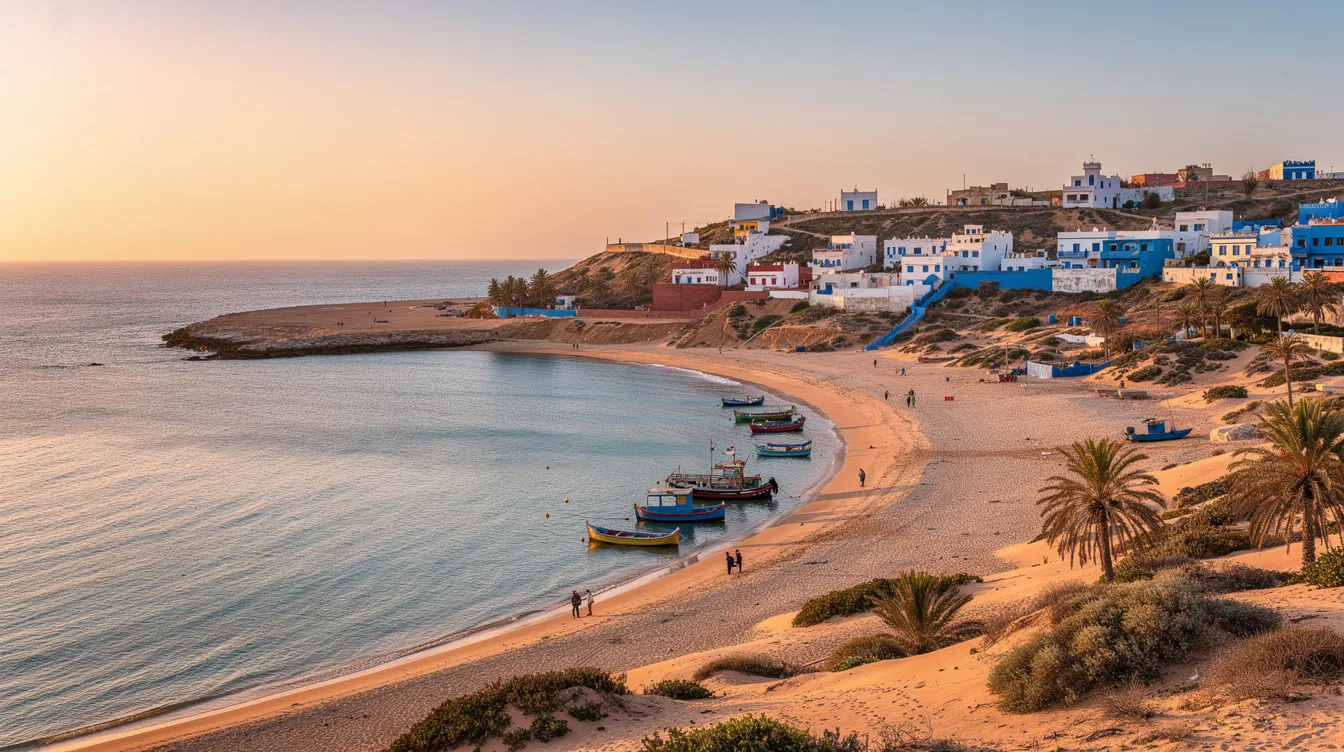 A imagem mostra a bela praia de Oualidia, em Marrocos, com suas águas calmas e cristalinas, cercadas por uma paisagem natural de montanhas e vegetação. É um destino popular entre viajantes que buscam relaxar e apreciar a beleza do país.