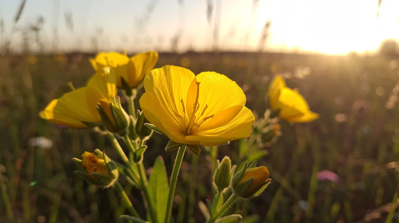 The image depicts vibrant golden evening primrose flowers blooming in a serene meadow during sunset, symbolizing natural beauty and tranquility. These flowers are often associated with menopause relief, particularly in managing bothersome symptoms such as hot flashes and mood swings.