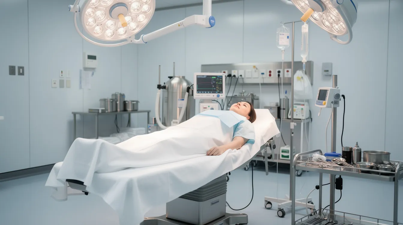 The image shows a person lying on a medical bed in a clean surgical environment, preparing for a high definition liposuction procedure. The setting emphasizes a sterile atmosphere typical of body contouring procedures, where a board-certified plastic surgeon will strategically remove unwanted fat cells to enhance muscle definition and achieve an athletic appearance.
