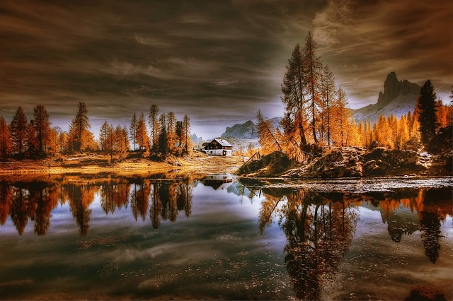 cabin, dolomites, lake