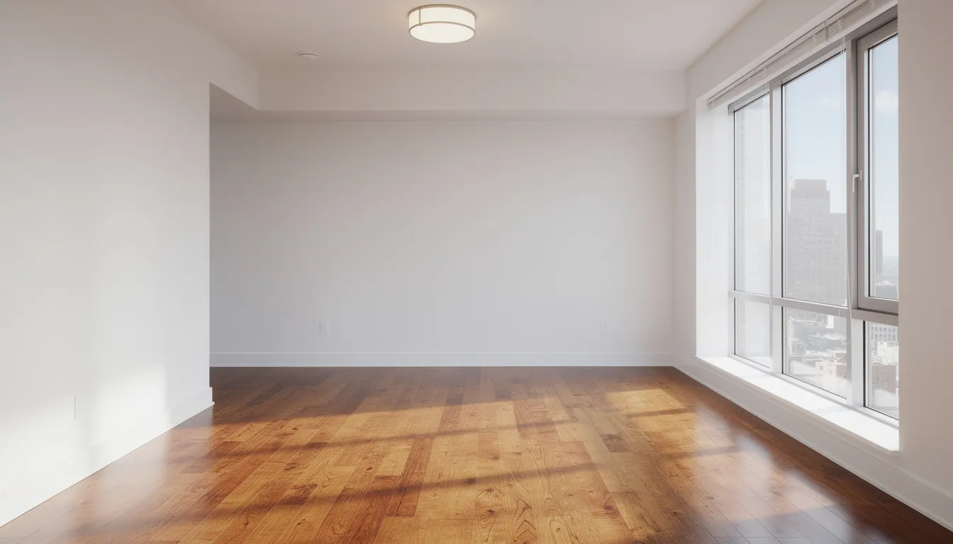 The image depicts an empty, clean apartment living room featuring hardwood floors that reflect the abundant natural light streaming in through large windows. This inviting space is ready for new tenants, showcasing the potential for a stress-free transition with no clutter or unwanted items.