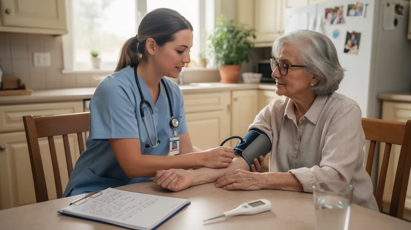 A registered nurse is visiting a senior at their home, taking vital signs while seated at a kitchen table. This scene reflects the importance of home health services and skilled nursing care provided by a home health agency for seniors needing medical support in a familiar environment.
