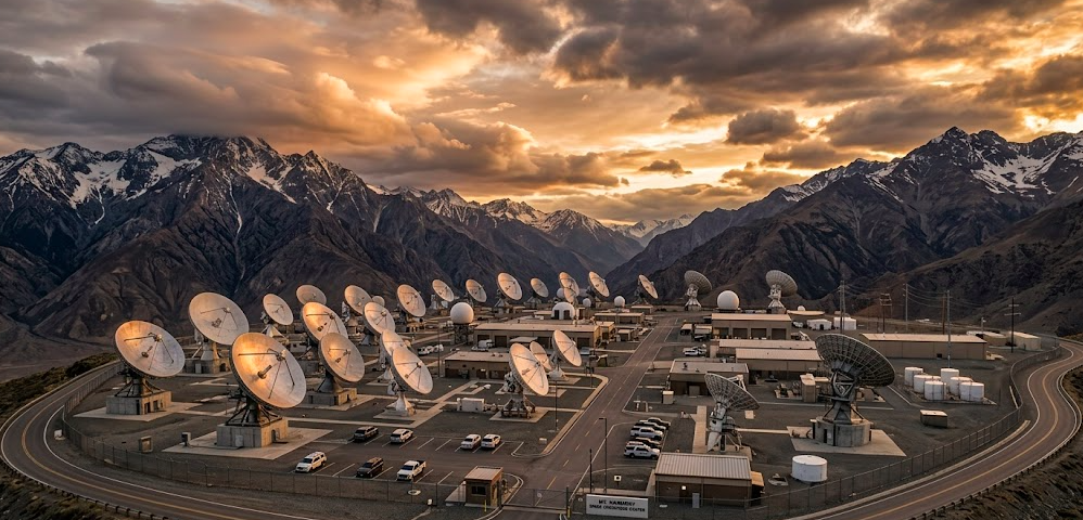 GPS ground control station with satellite dish antennas monitoring GPS satellite health