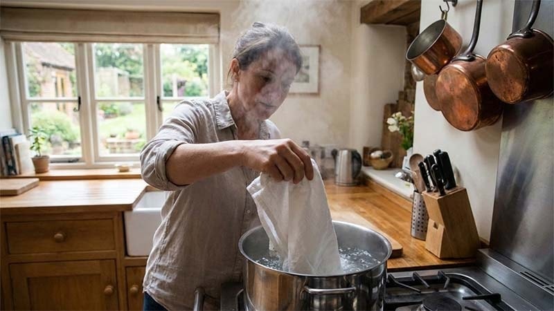 A woman washing towels in boiling water