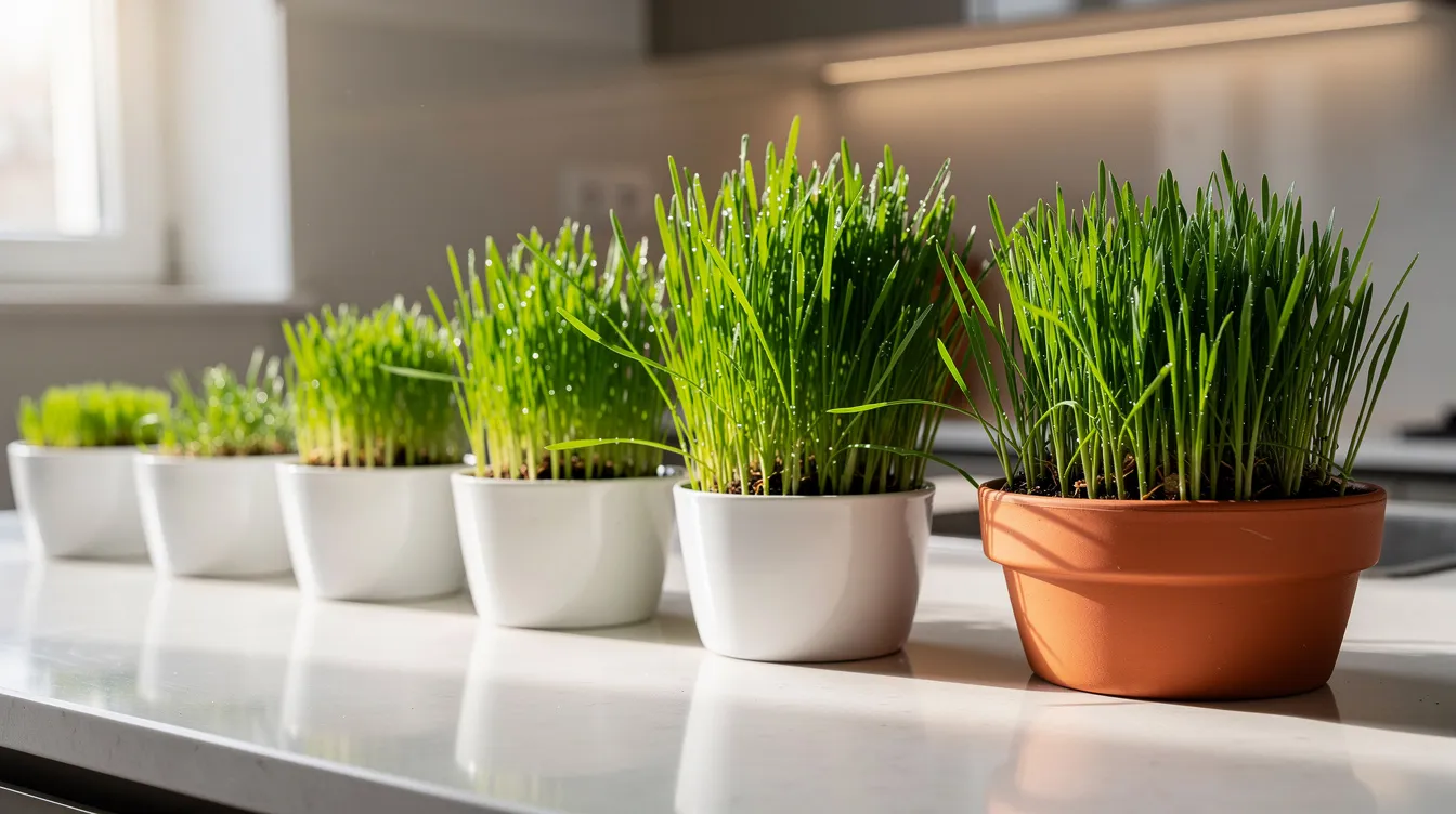 The image shows several small pots of vibrant green cat grass at various growth stages, neatly arranged on a kitchen counter, perfect for indoor cats. This fresh cat grass provides essential nutrients and aids in healthy digestion for your feline friends, making it a great addition to their diet.