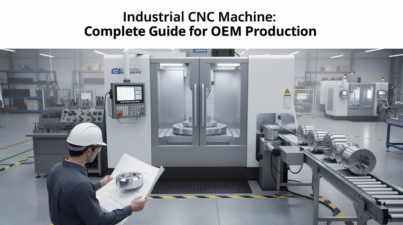 The image showcases an industrial CNC machine in a production environment, featuring a large work area equipped with a vacuum table for high-speed cutting of various materials like wood, metal, and aluminum. The CNC router is designed for repeatable accuracy, capable of creating intricate designs and detailed carvings, making it an ideal choice for small businesses and manufacturers looking to enhance efficiency and reduce setup time.