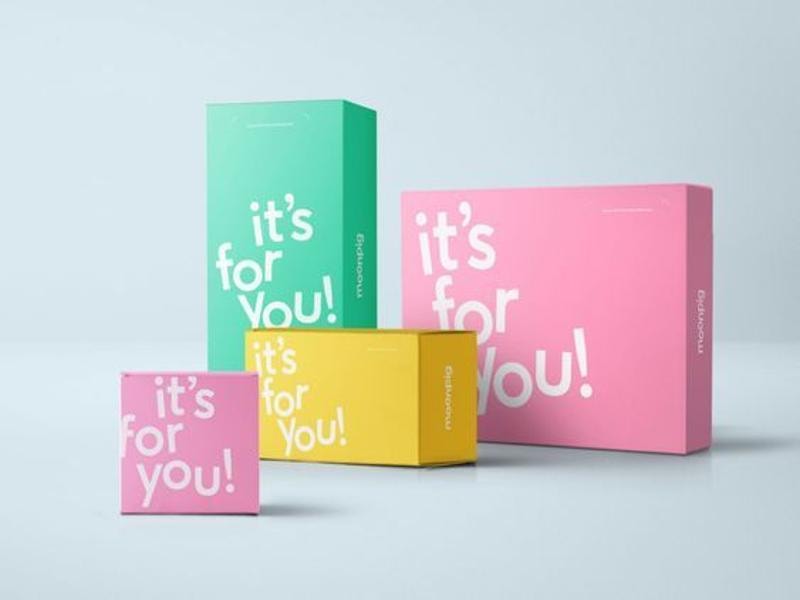 A picture of colorful subscription boxes in green, pink, and yellow, in different sizes, each with "It's for you" written on them.