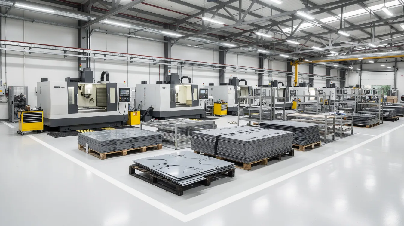The image depicts a spacious factory floor filled with advanced CNC machines and neatly stacked sheet metal components, all illuminated by bright industrial lighting. This setting showcases the precision sheet metal fabrication process, highlighting the custom sheet metal parts and high-volume production capabilities typical of a leading sheet metal fabrication factory.