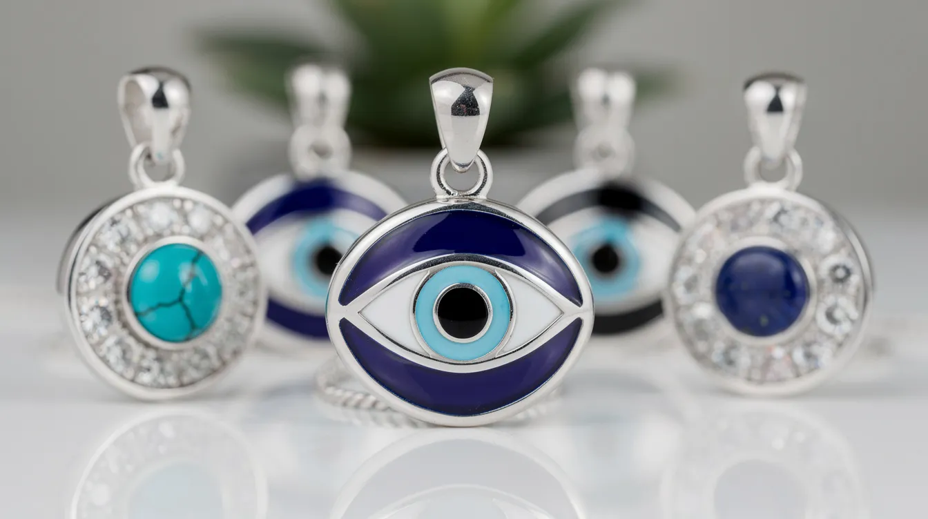 The image features a high-quality evil eye pendant made from 925 sterling silver, showcasing a vibrant blue enamel eye surrounded by a smooth, polished silver frame. This elegant piece of evil eye jewellery is designed to ward off negativity and offers a stylish touch to any necklace or chain.