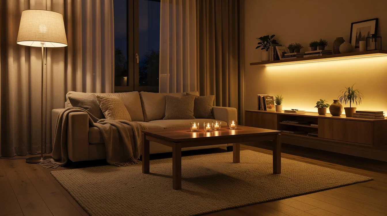 Ein gemütliches Wohnzimmer am Abend, beleuchtet von einer Stehlampe und warmem, indirektem LED-Licht hinter dem Regal. Auf dem Couchtisch stehen Kerzen, die eine einladende Atmosphäre schaffen und die Dekoration des Raumes unterstreichen.