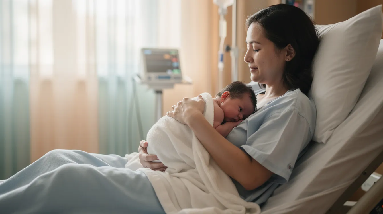 A mother gently cradles her newborn baby against her chest in a serene hospital environment, showcasing skin-to-skin contact that promotes bonding and breastfeeding. This scene highlights the mother's commitment to nurturing her baby, which may be especially significant for those who have undergone inverted nipple surgery to enhance their ability to breastfeed.