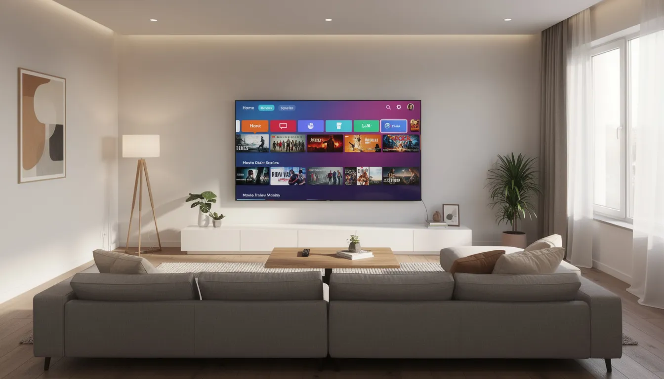 The image depicts a modern living room featuring a smart TV that showcases a streaming interface, highlighting popular streaming services like Amazon Prime Video and BBC iPlayer. The setup suggests the use of a Fire TV Stick, potentially enhanced by a VPN for secure streaming and unblocking content.