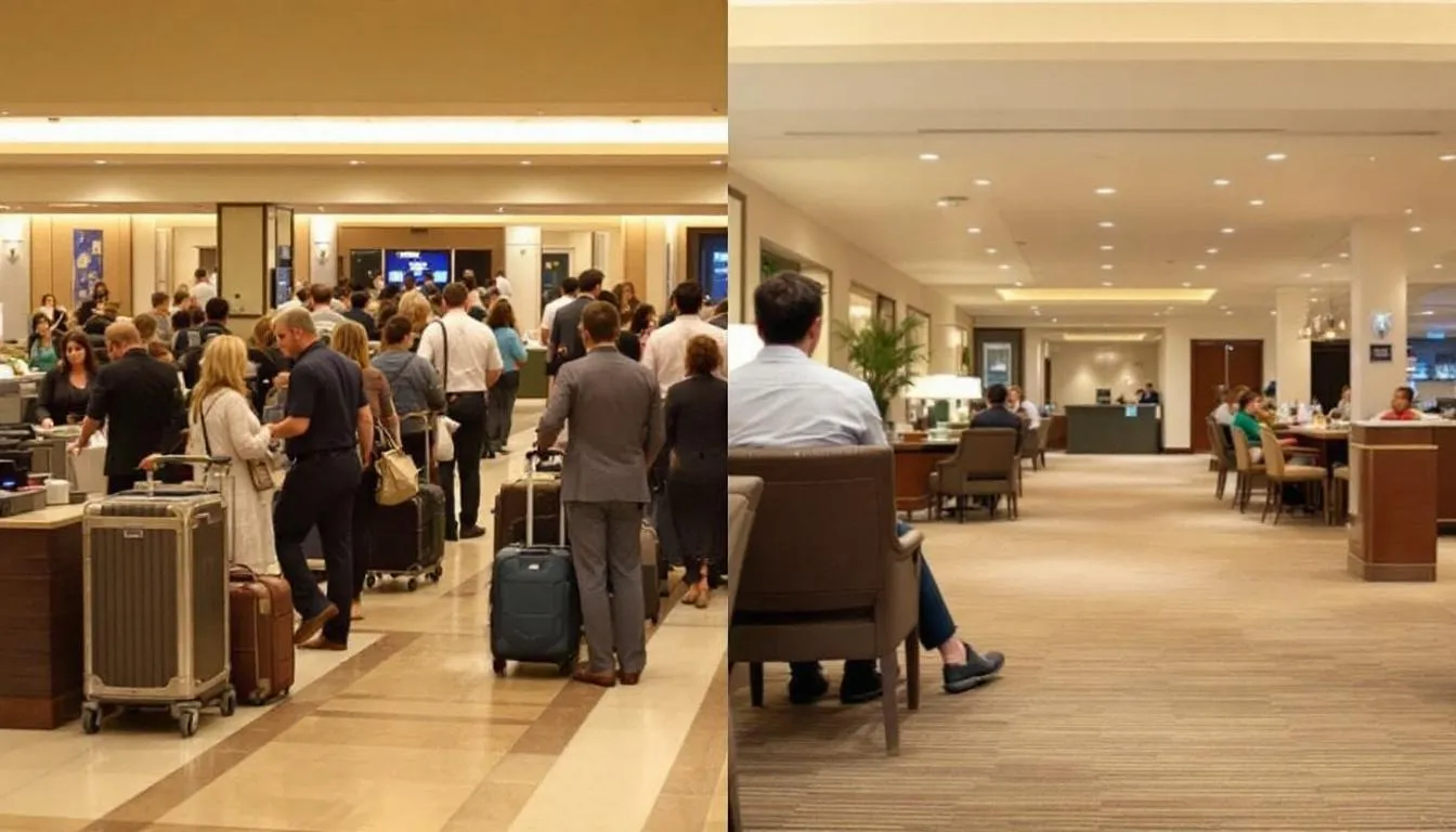 In the image, a hotel lobby is depicted during two contrasting times: a bustling peak season filled with guests and activity, and a serene off-peak period with fewer visitors. This visual comparison illustrates the demand fluctuations and how they influence hotel dynamic pricing strategies, showcasing the importance of revenue management in adapting to market conditions.